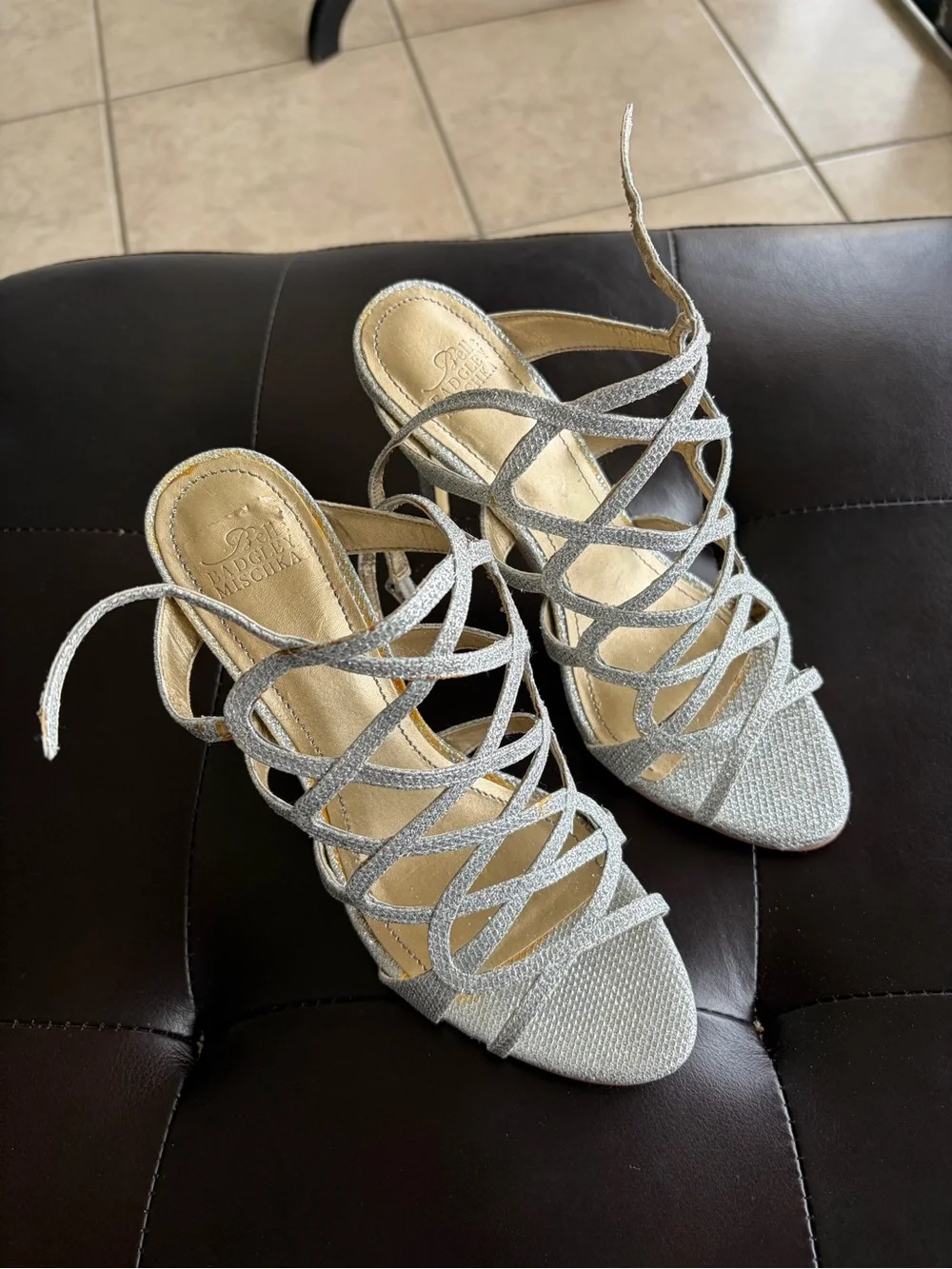 Belle Badgley Mischka Silver Glitter Cage Strappy High Heels Sandals Sz 7.5